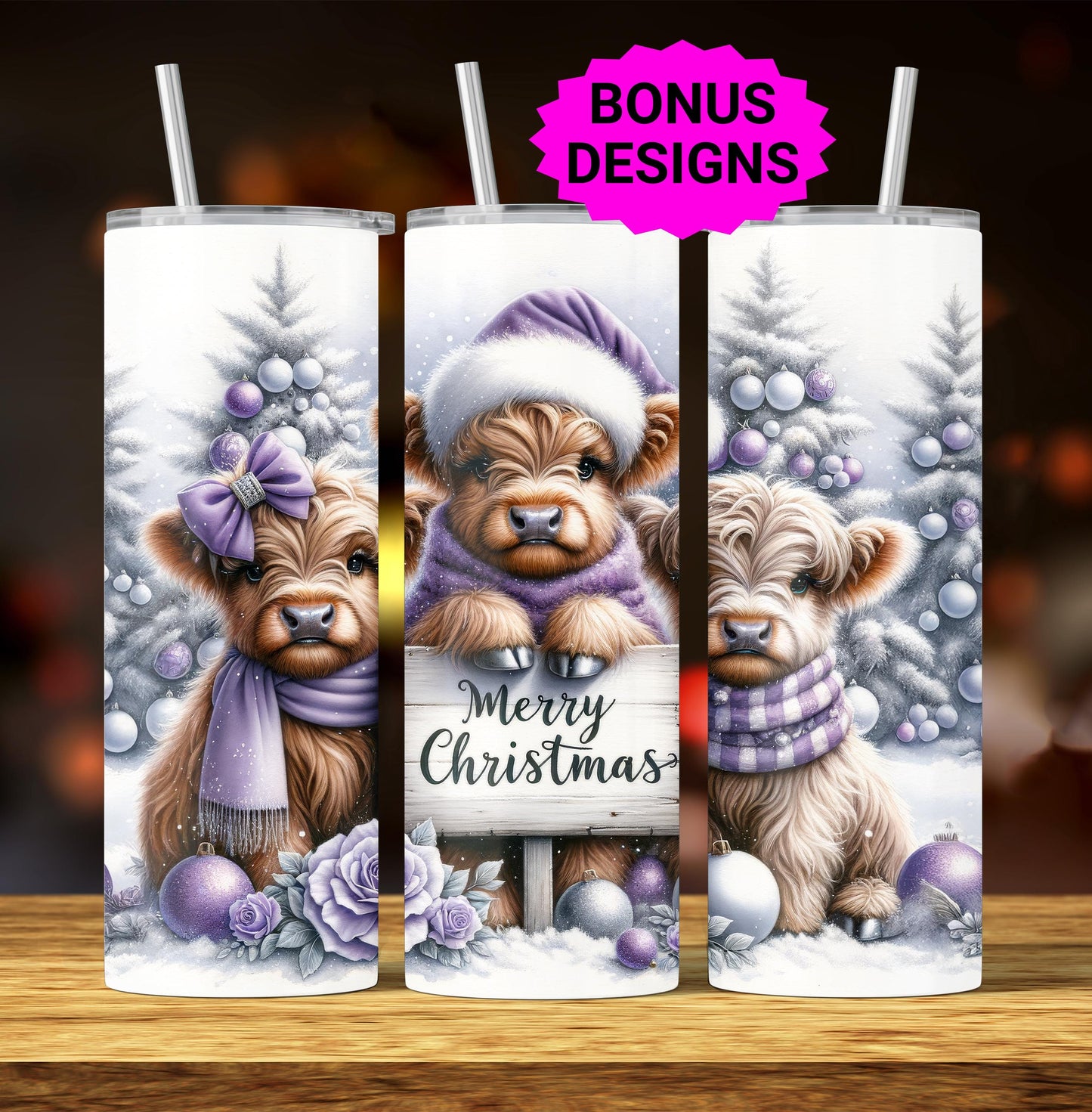 Cute Winter Merry Christmas Highland Cow 20oz Tumbler Wrap, Christmas Trees Presents Png, Tumbler Png, 20oz Seamless Wrap, Digital Download