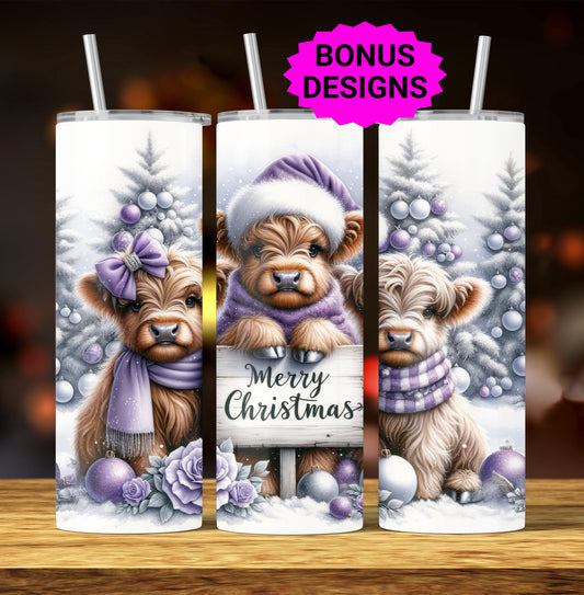 Cute Winter Merry Christmas Highland Cow 20oz Tumbler Wrap, Christmas Trees Presents Png, Tumbler Png, 20oz Seamless Wrap, Digital Download