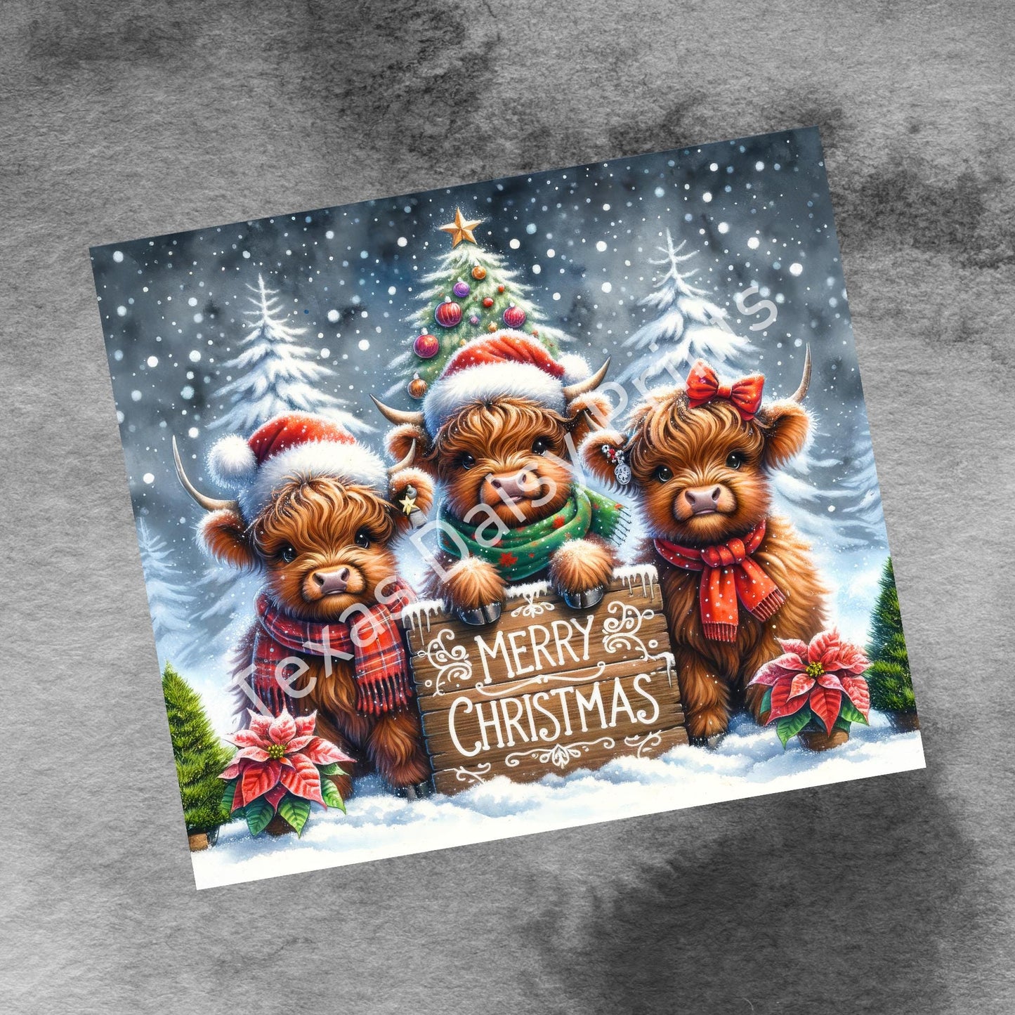 Cute Winter Merry Christmas Highland Cow 20oz Tumbler Wrap, Christmas Trees Presents Png, Tumbler Png, 20oz Seamless Wrap, Digital Download