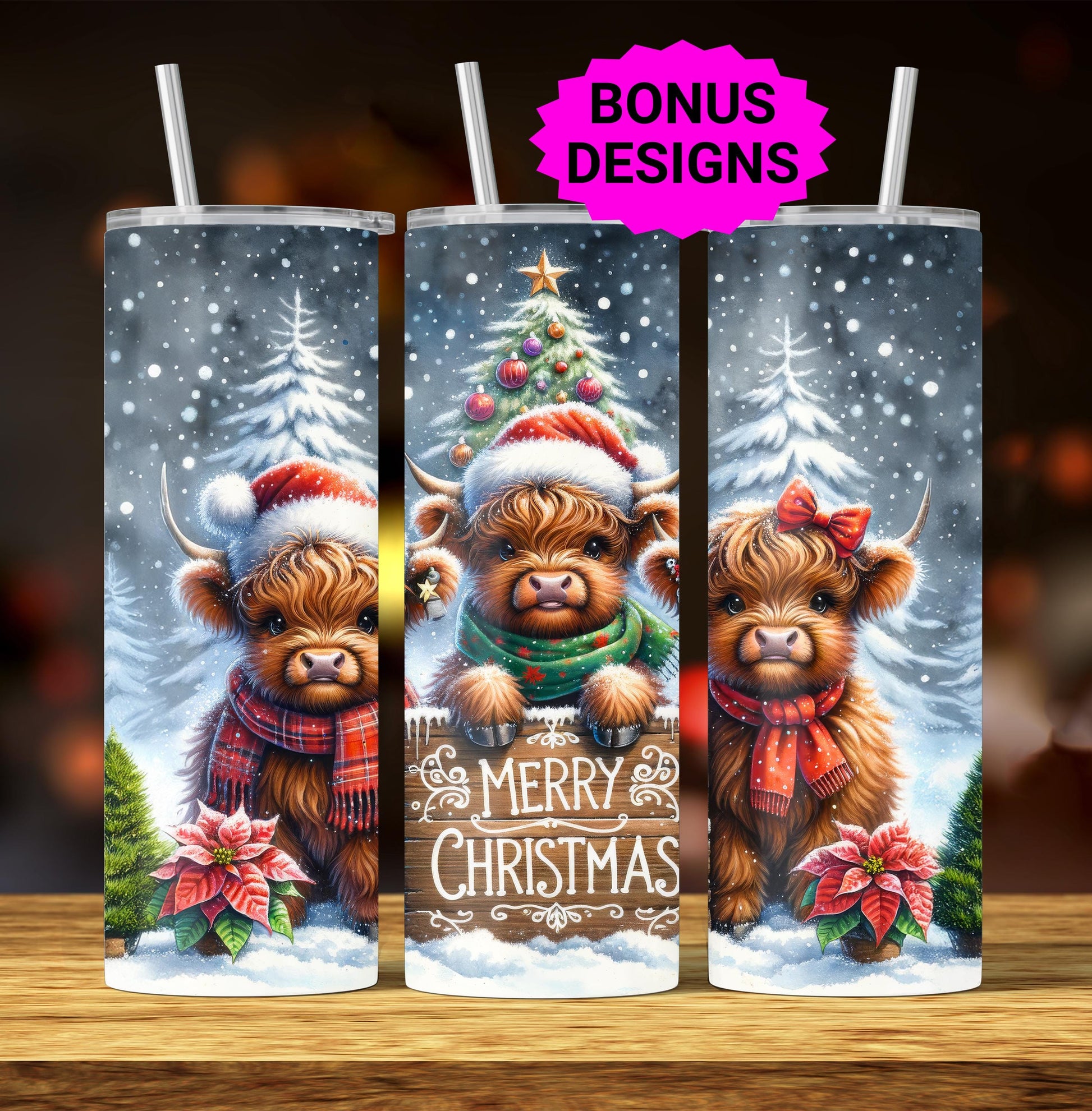 Cute Winter Merry Christmas Highland Cow 20oz Tumbler Wrap, Christmas Trees Presents Png, Tumbler Png, 20oz Seamless Wrap, Digital Download