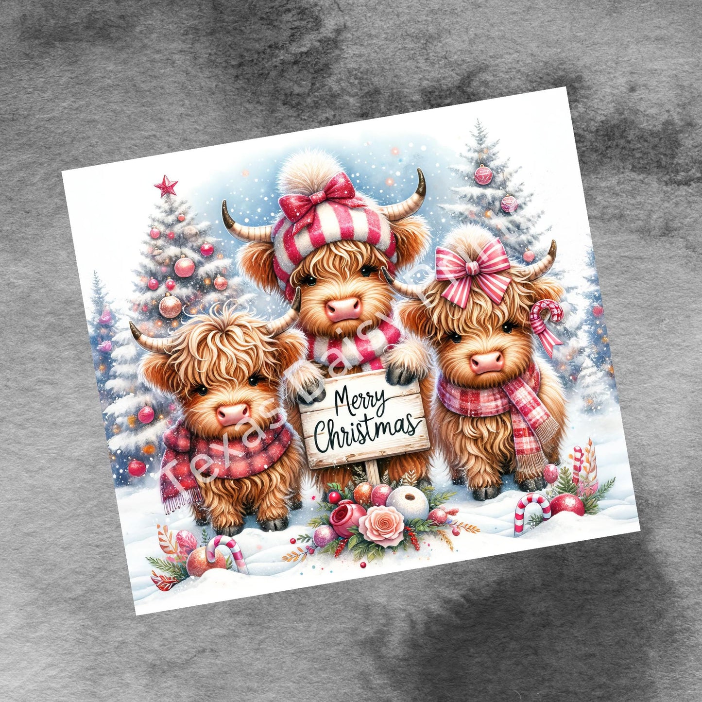 Cute Winter Merry Christmas Highland Cow 20oz Tumbler Wrap, Christmas Trees Presents Png, Tumbler Png, 20oz Seamless Wrap, Digital Download