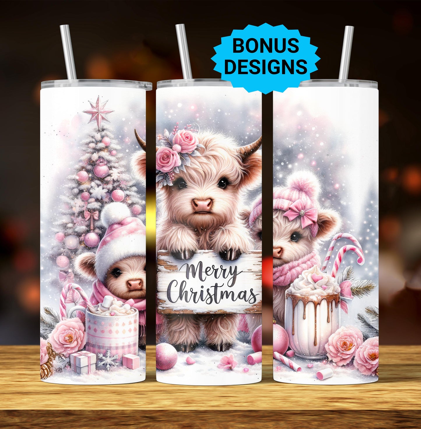 Cute Winter Merry Christmas Highland Cow 20oz Tumbler Wrap, Christmas Trees Presents Png, Tumbler Png, 20oz Seamless Wrap, Digital Download