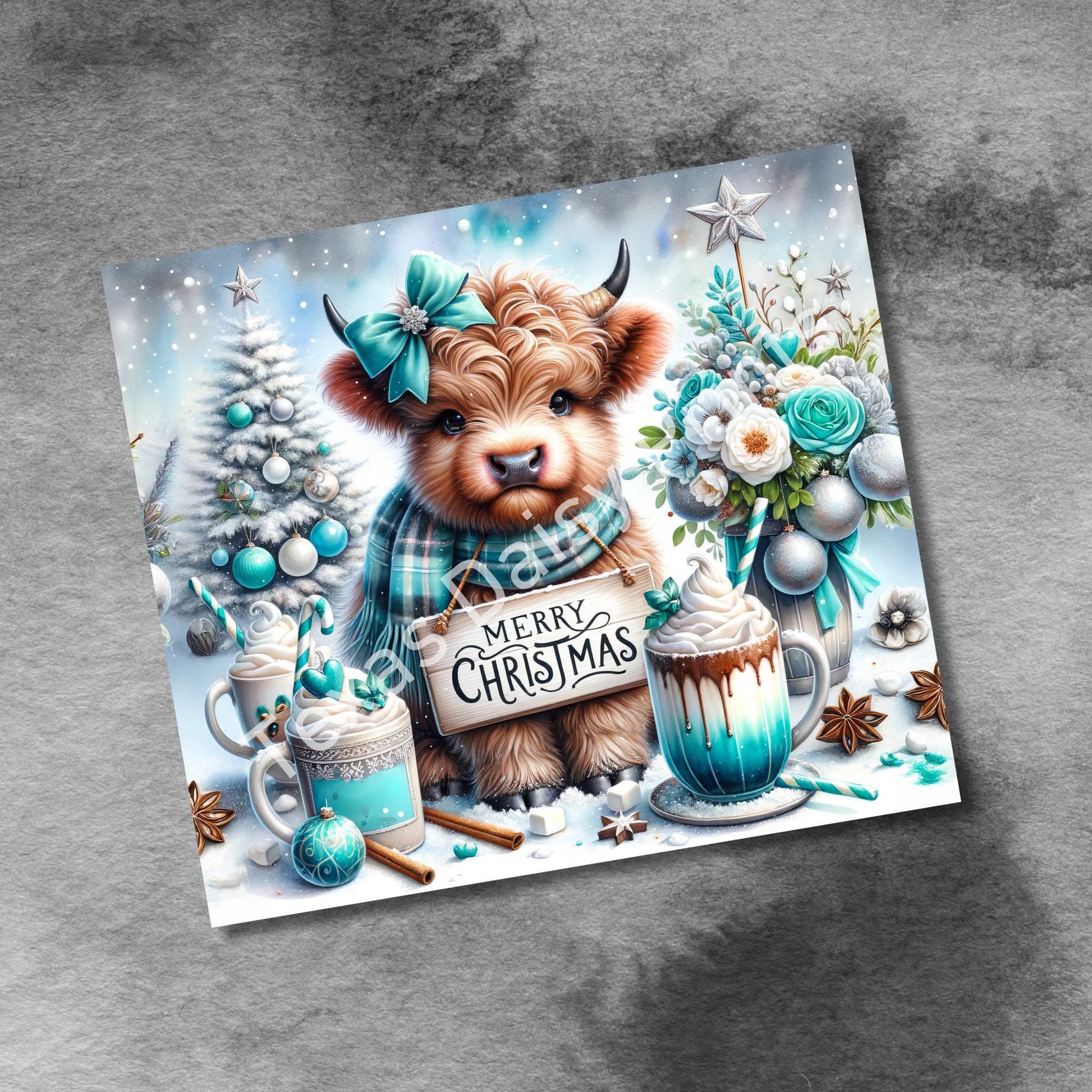 Cute Winter Merry Christmas Highland Cow 20oz Tumbler Wrap, Christmas Trees Presents Png, Tumbler Png, 20oz Seamless Wrap, Digital Download