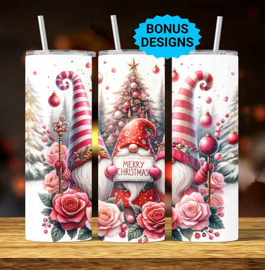 Cute Gnomes Merry Christmas 20oz Tumbler Wrap, Winter Christmas Trees Png, Tumbler Png, 20oz Seamless Wrap, Digital Download