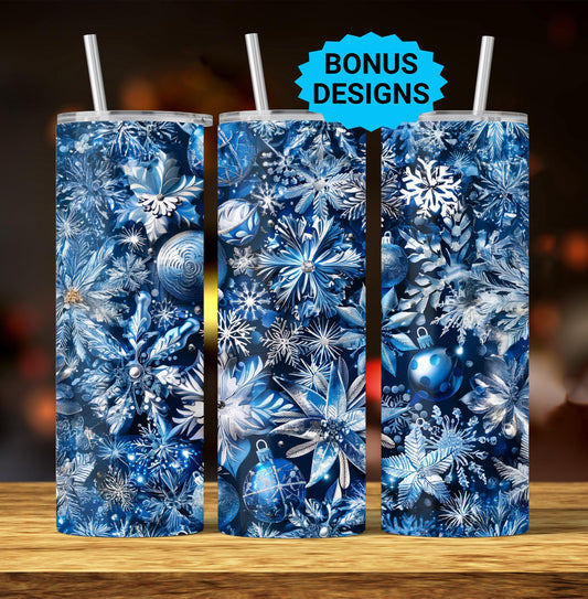 Winter Snowflake Ornaments 20oz Skinny Tumbler Wrap Design PNG, Holiday Seamless 20oz Sublimation Wrap, Digital Download