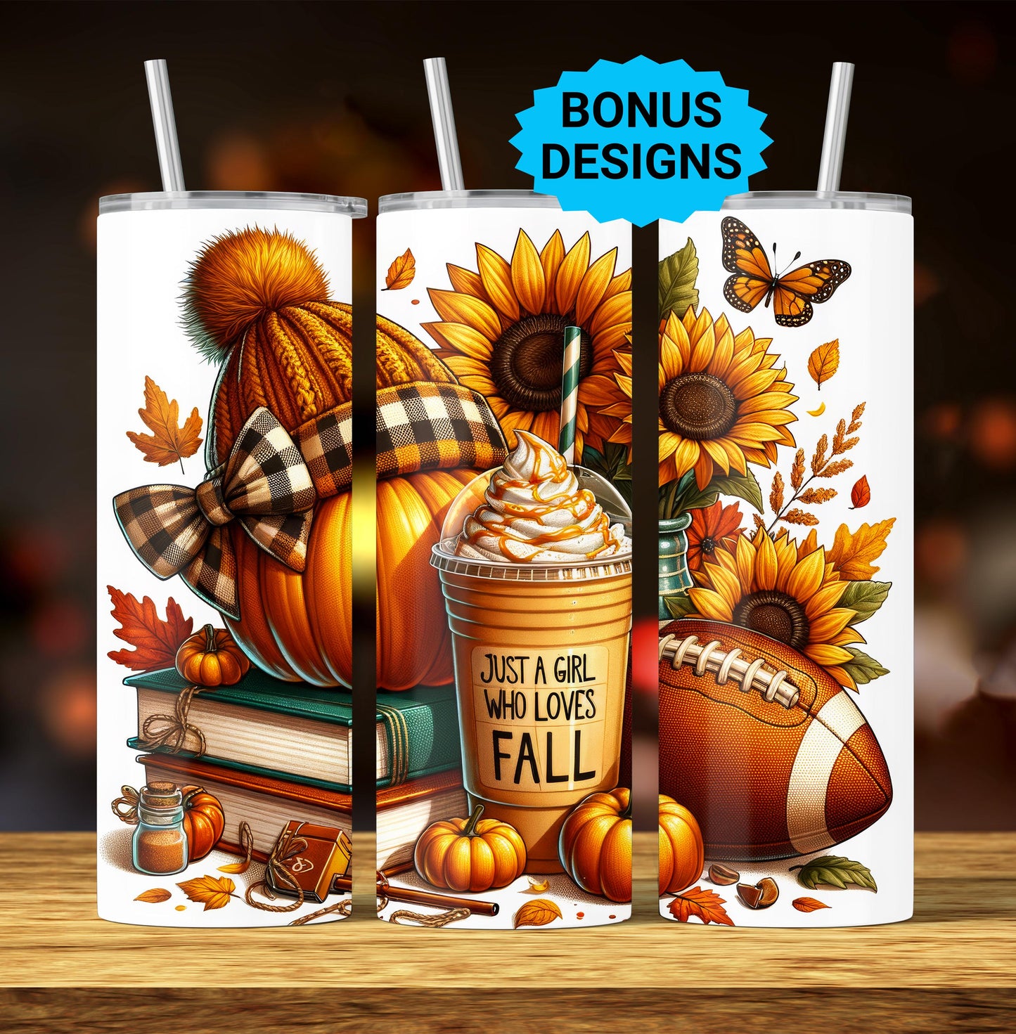 Just a Girl Who Loves Fall Tumbler Wrap, Seamless Books Football Sunflower 20oz Skinny Tumbler Sublimation Design PNG, Design Sublimation