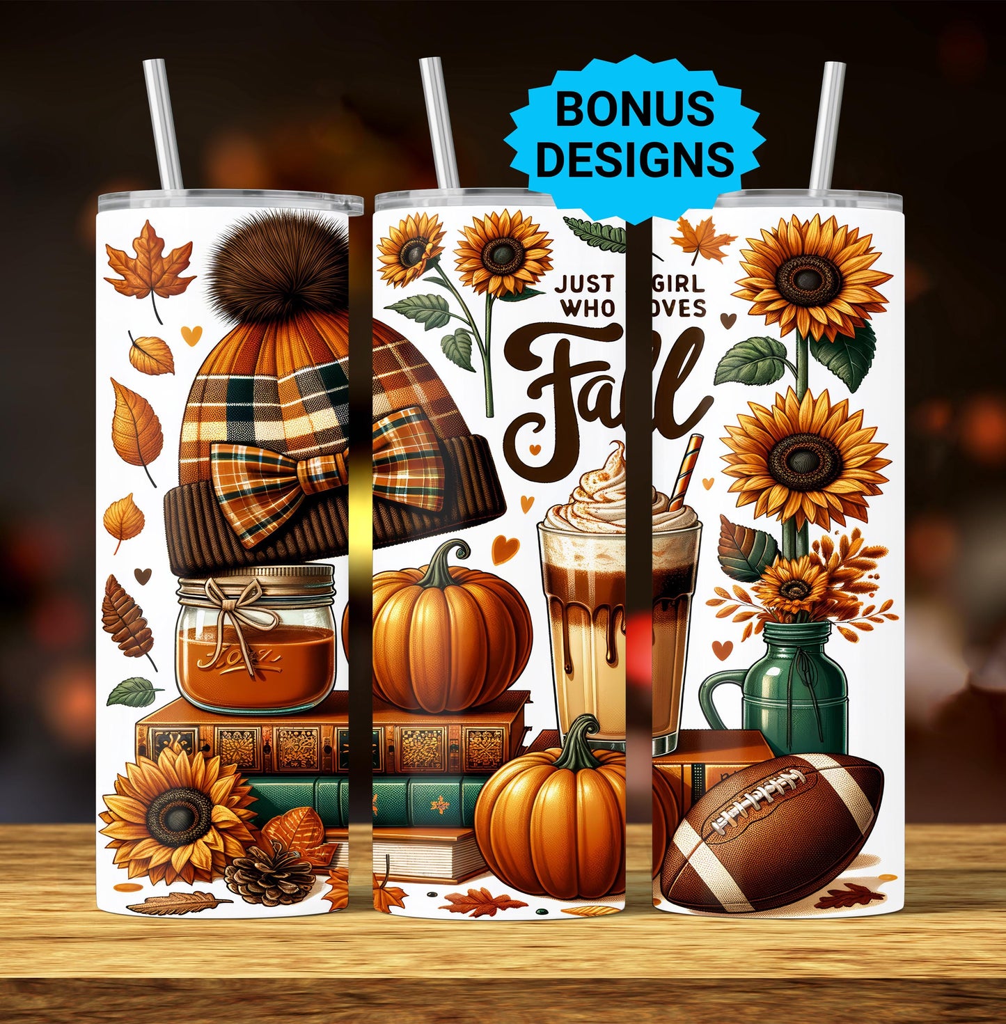 Just a Girl Who Loves Fall Tumbler Wrap, Seamless Pumpkins Football Sunflower 20oz Skinny Tumbler Sublimation Design PNG, Design Sublimation