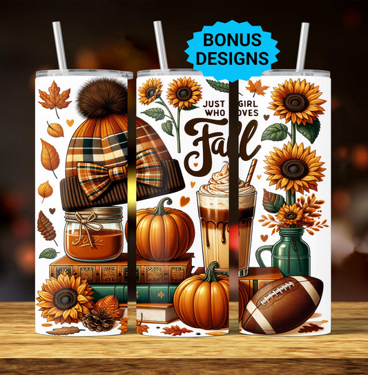 Just a Girl Who Loves Fall Tumbler Wrap, Seamless Pumpkins Football Sunflower 20oz Skinny Tumbler Sublimation Design PNG, Design Sublimation