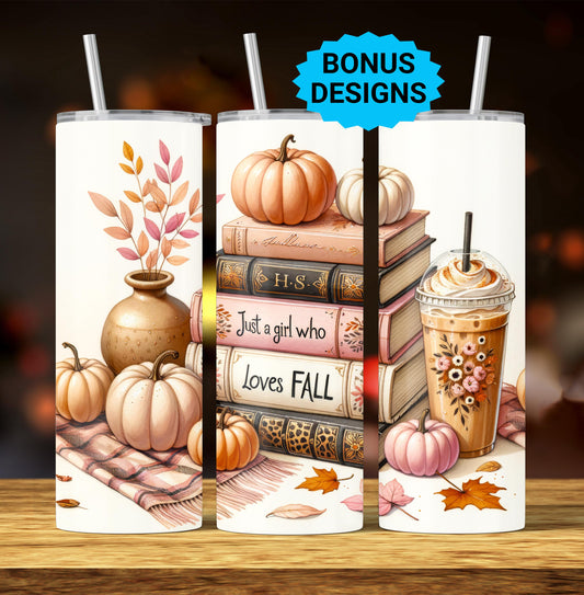 Just a Girl Who Loves Fall Tumbler Wrap, Seamless Books Pumpkins 20oz Skinny Tumbler Sublimation Design PNG, Design Sublimation