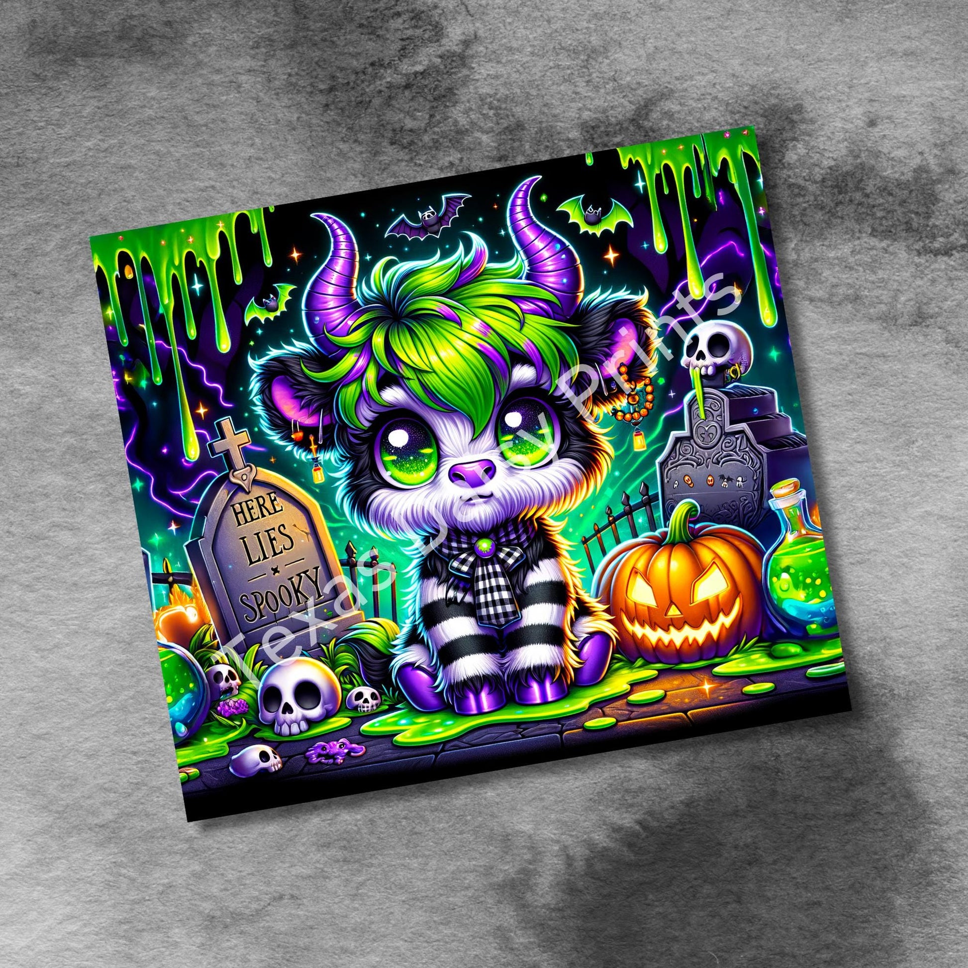 Ghoul Halloween Highland Cow 20oz Skinny Tumbler , Spooky Themed Seamless Sublimation, 20 oz tumbler wrap PNG File