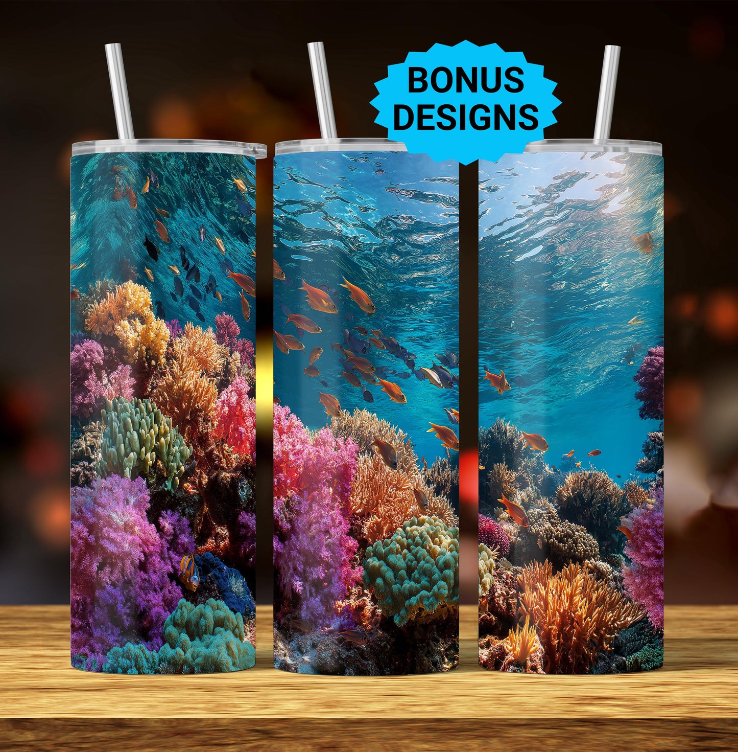 Underwater Ocean Coral and Fish Tumbler Designs, Ocean 20oz Skinny Tumbler Wrap Template Seamless PNG Digital Download