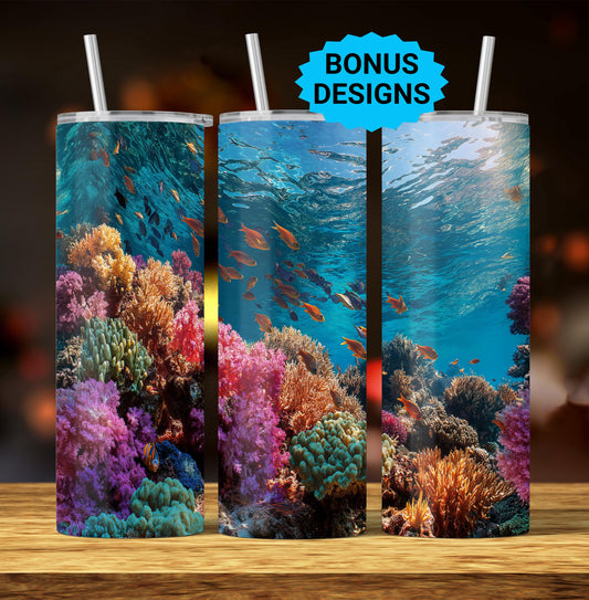 Underwater Ocean Coral and Fish Tumbler Designs, Ocean 20oz Skinny Tumbler Wrap Template Seamless PNG Digital Download