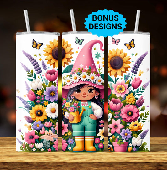 Floral Gnome Girl Spring Flowers 20oz Skinny Tumbler Seamless Vibrant Garden Sublimation Design Templates,Straight PNG Digital Download