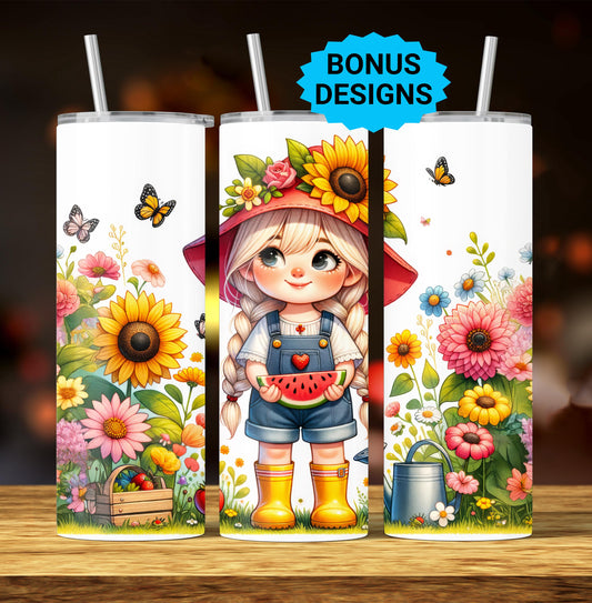 Floral Gnome Girl Spring Flowers 20oz Skinny Tumbler Seamless Vibrant Garden Sublimation Design Templates,Straight PNG Digital Download