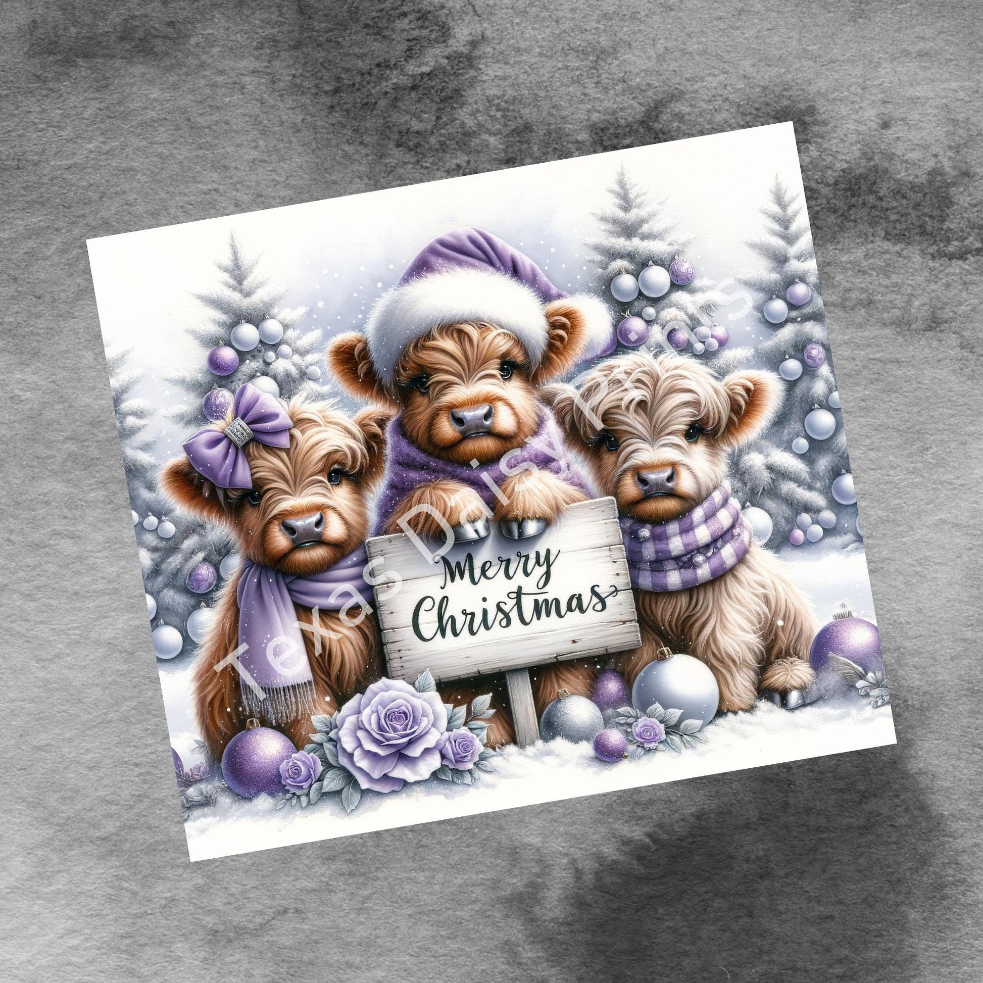 Cute Winter Merry Christmas Highland Cow 20oz Tumbler Wrap, Christmas Trees Presents Png, Tumbler Png, 20oz Seamless Wrap, Digital Download