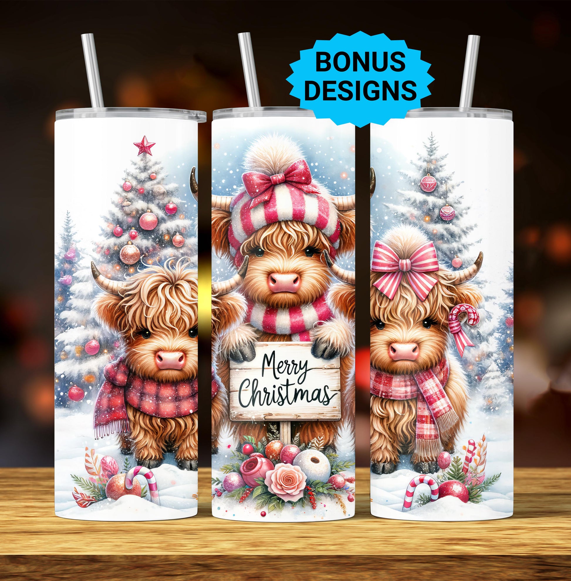 Cute Winter Merry Christmas Highland Cow 20oz Tumbler Wrap, Christmas Trees Presents Png, Tumbler Png, 20oz Seamless Wrap, Digital Download