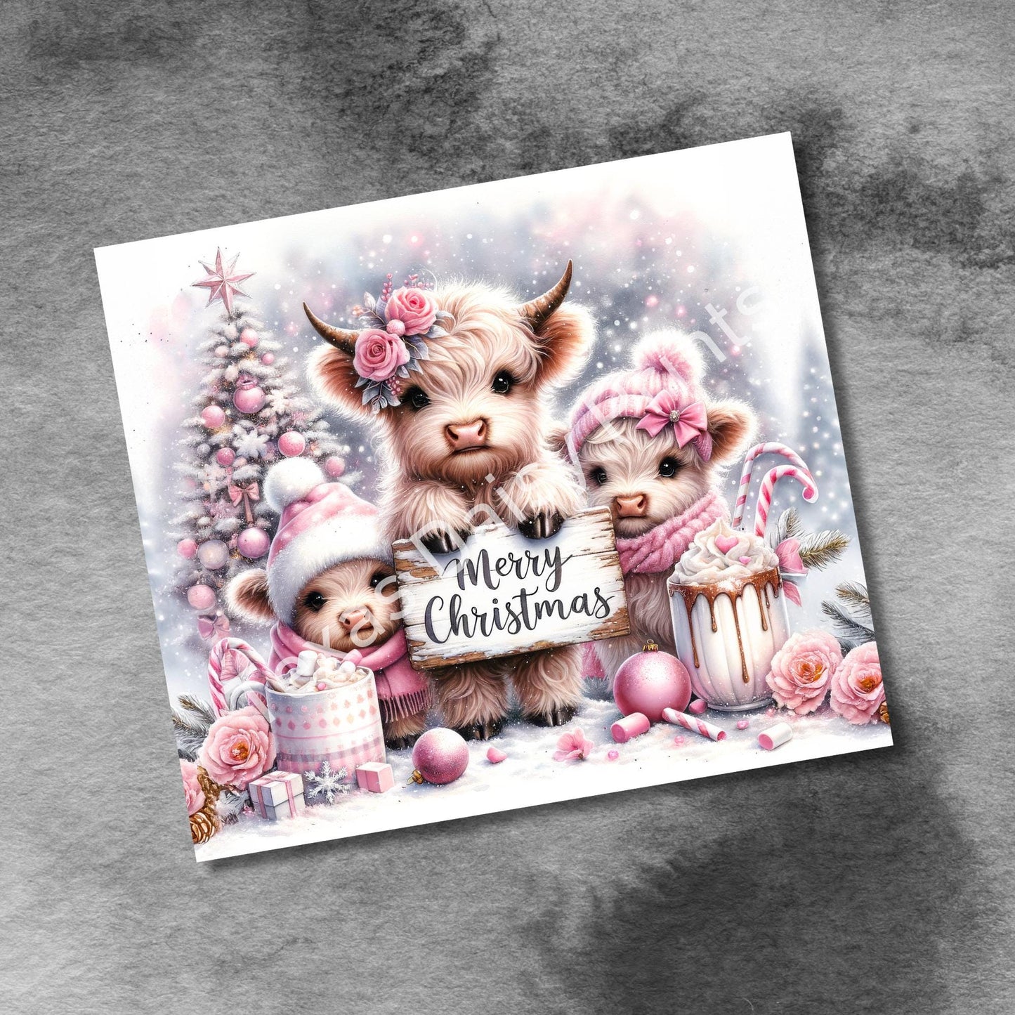 Cute Winter Merry Christmas Highland Cow 20oz Tumbler Wrap, Christmas Trees Presents Png, Tumbler Png, 20oz Seamless Wrap, Digital Download