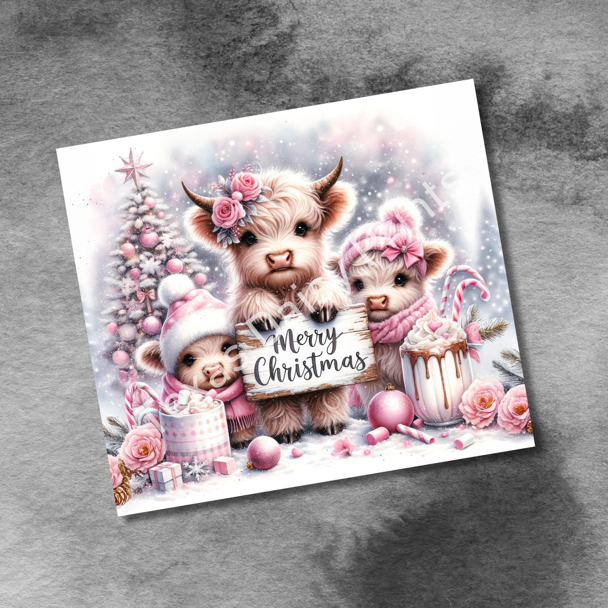 Cute Winter Merry Christmas Highland Cow 20oz Tumbler Wrap, Christmas Trees Presents Png, Tumbler Png, 20oz Seamless Wrap, Digital Download