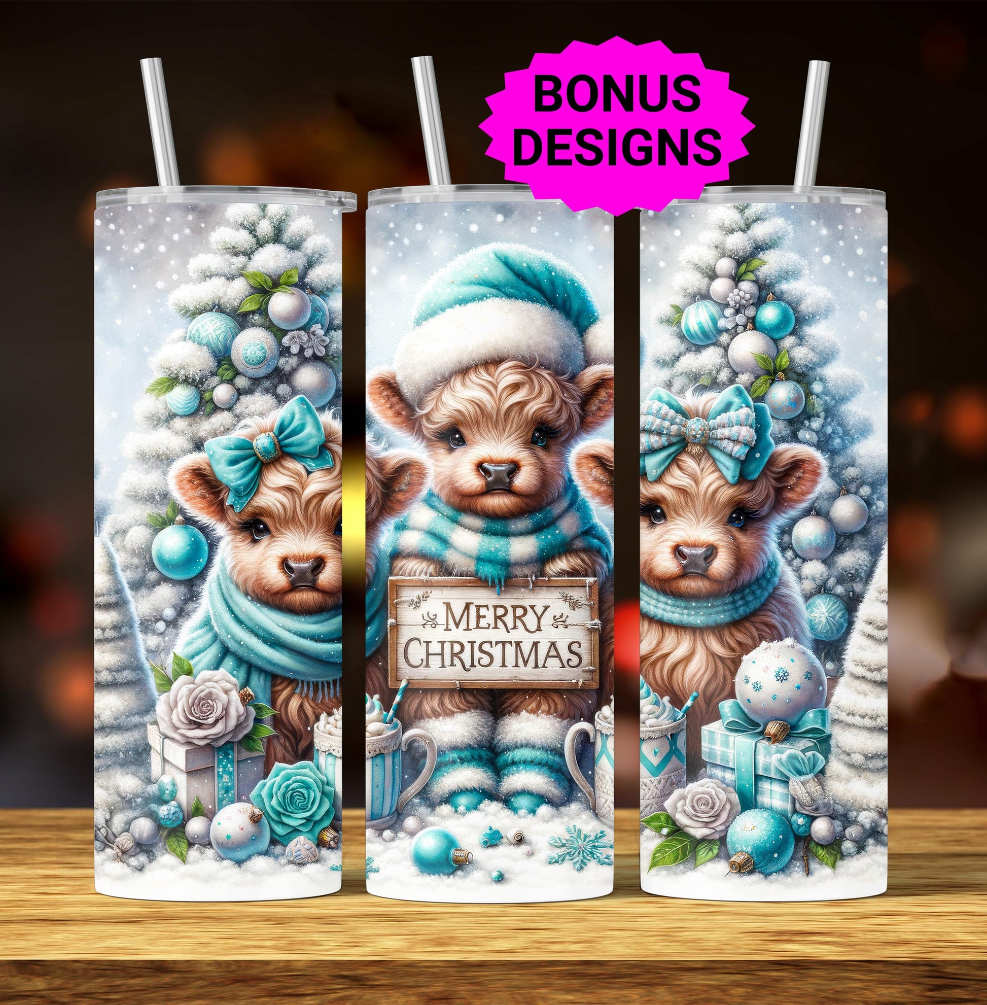 Cute Winter Merry Christmas Highland Cow 20oz Tumbler Wrap, Christmas Trees Presents Png, Tumbler Png, 20oz Seamless Wrap, Digital Download