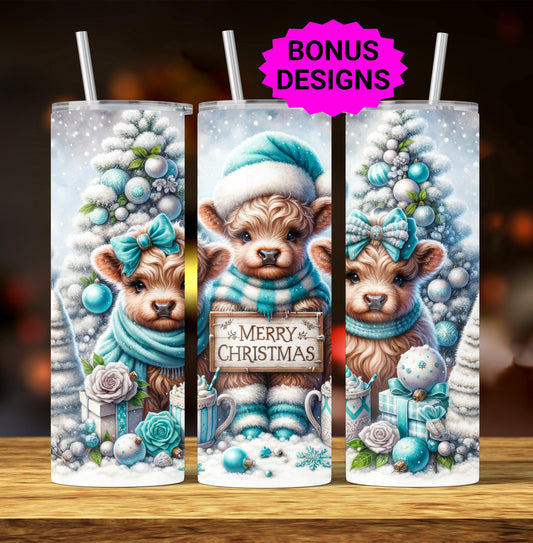 Cute Winter Merry Christmas Highland Cow 20oz Tumbler Wrap, Christmas Trees Presents Png, Tumbler Png, 20oz Seamless Wrap, Digital Download