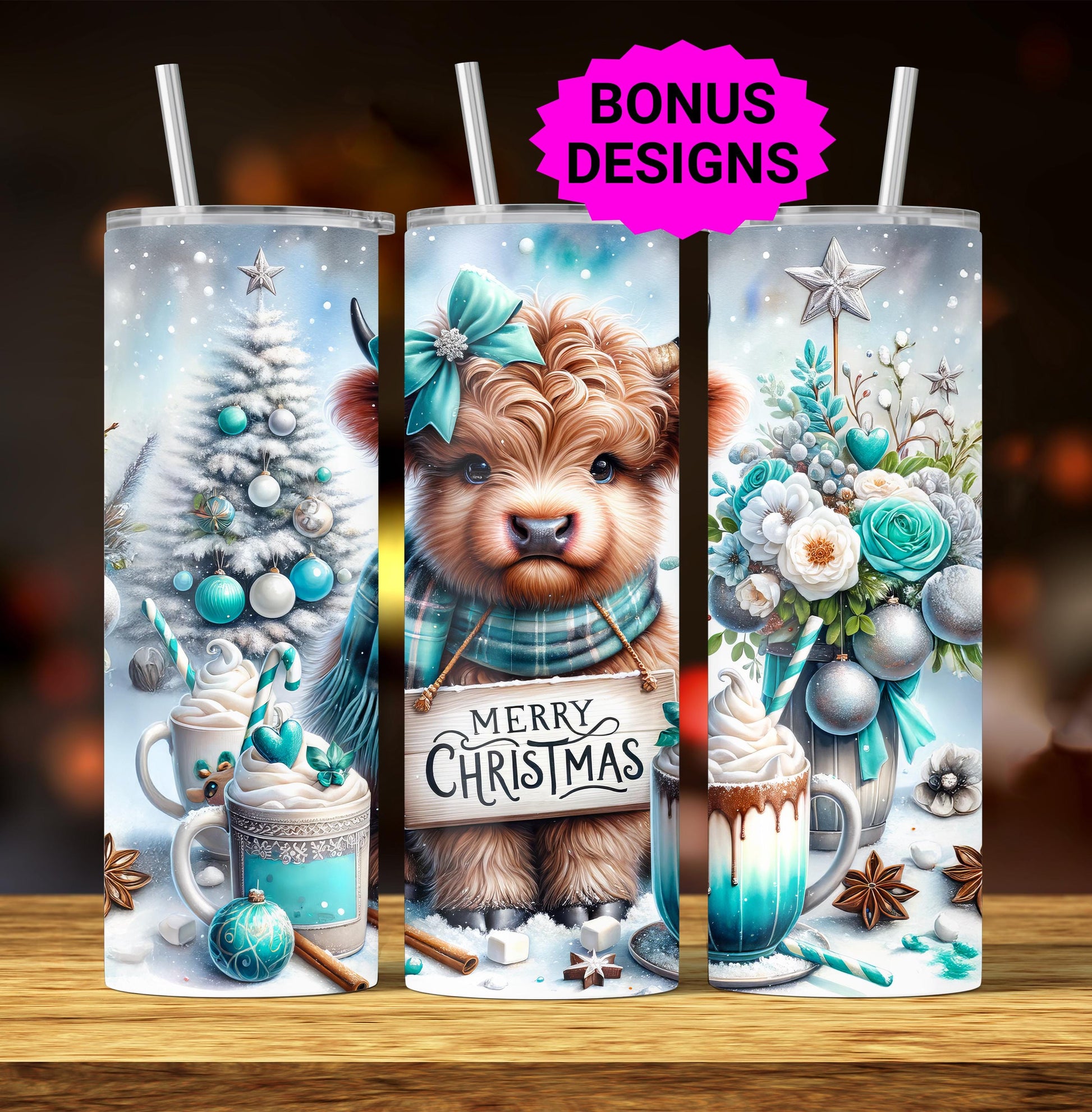 Cute Winter Merry Christmas Highland Cow 20oz Tumbler Wrap, Christmas Trees Presents Png, Tumbler Png, 20oz Seamless Wrap, Digital Download