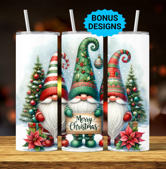 Cute Gnomes Merry Christmas 20oz Tumbler Wrap, Winter Christmas Trees Png, Tumbler Png, 20oz Seamless Wrap, Digital Download