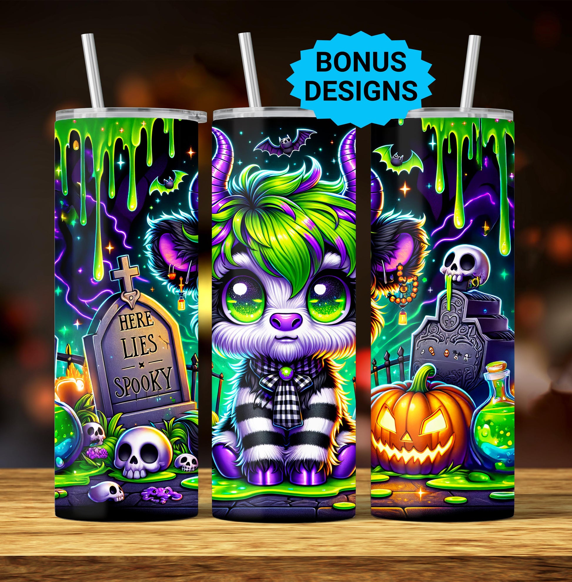 Ghoul Halloween Highland Cow 20oz Skinny Tumbler , Spooky Themed Seamless Sublimation, 20 oz tumbler wrap PNG File