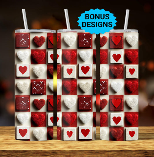 3D Hearts Checkered, 20oz Skinny Tumbler, Valentines Seamless Sublimation Design Templates, Straight PNG Digital Download