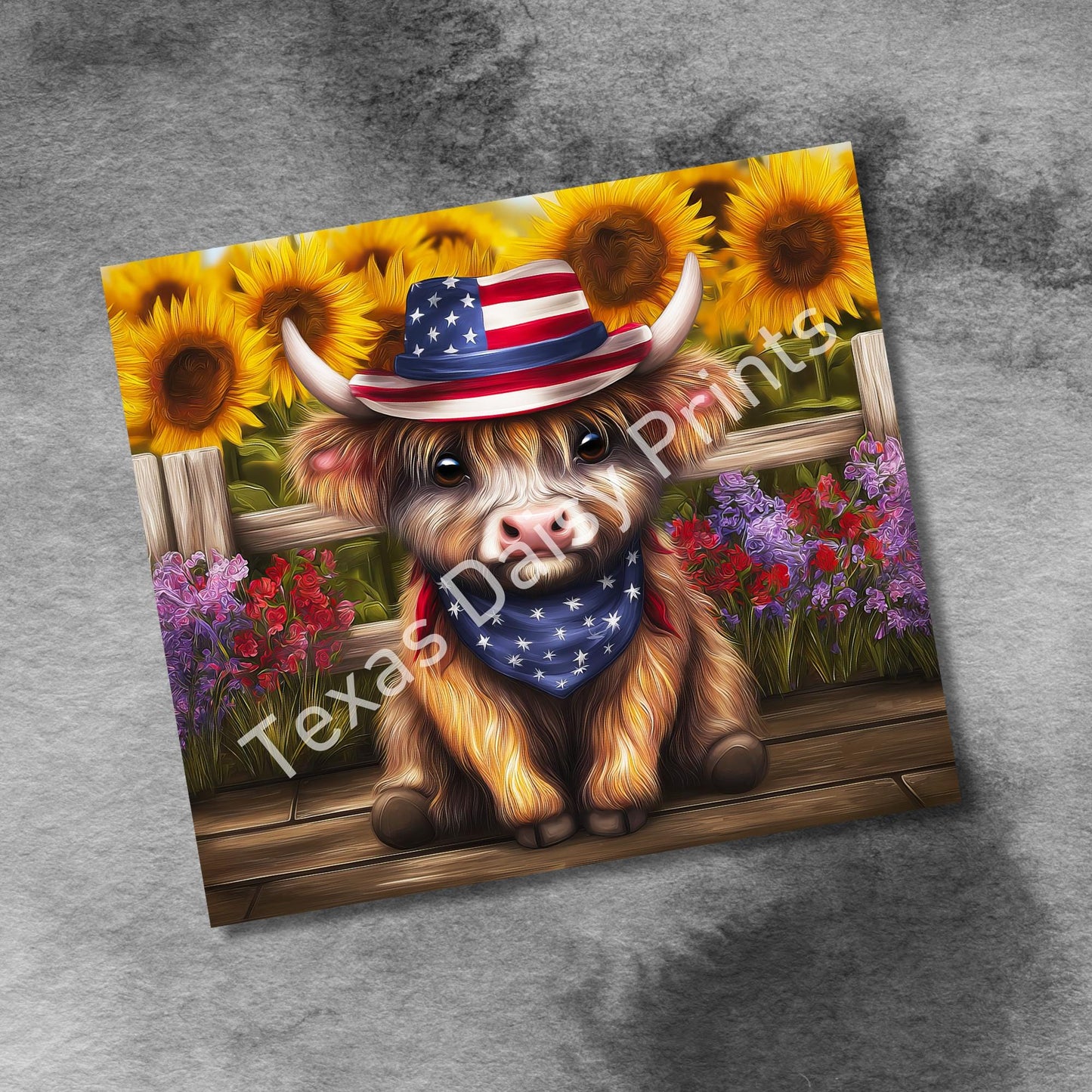Patriotic Highland Cow Sunflowers, 20 oz Skinny Tumbler Wrap, Seamless Boho Flowers , Cow Lover Tumbler Seamless
