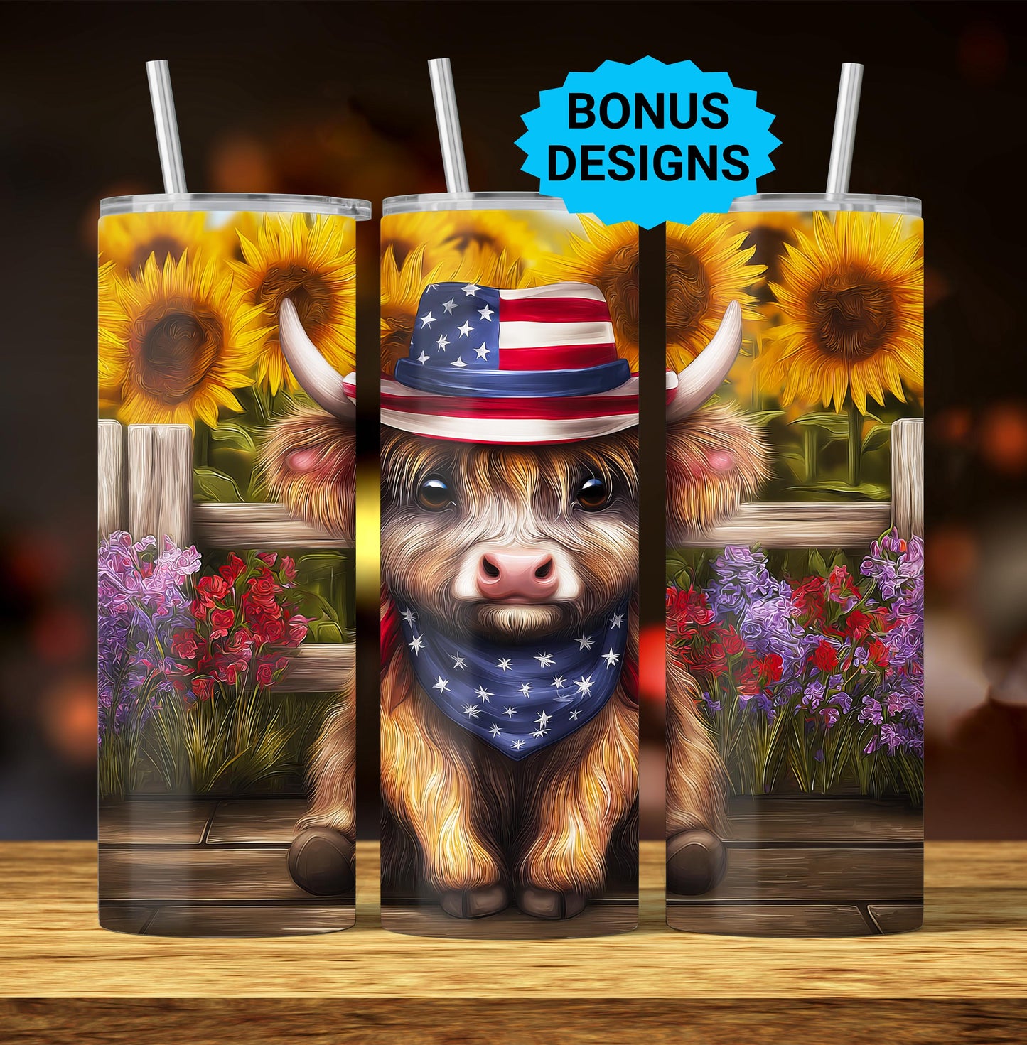 Patriotic Highland Cow Sunflowers, 20 oz Skinny Tumbler Wrap, Seamless Boho Flowers , Cow Lover Tumbler Seamless