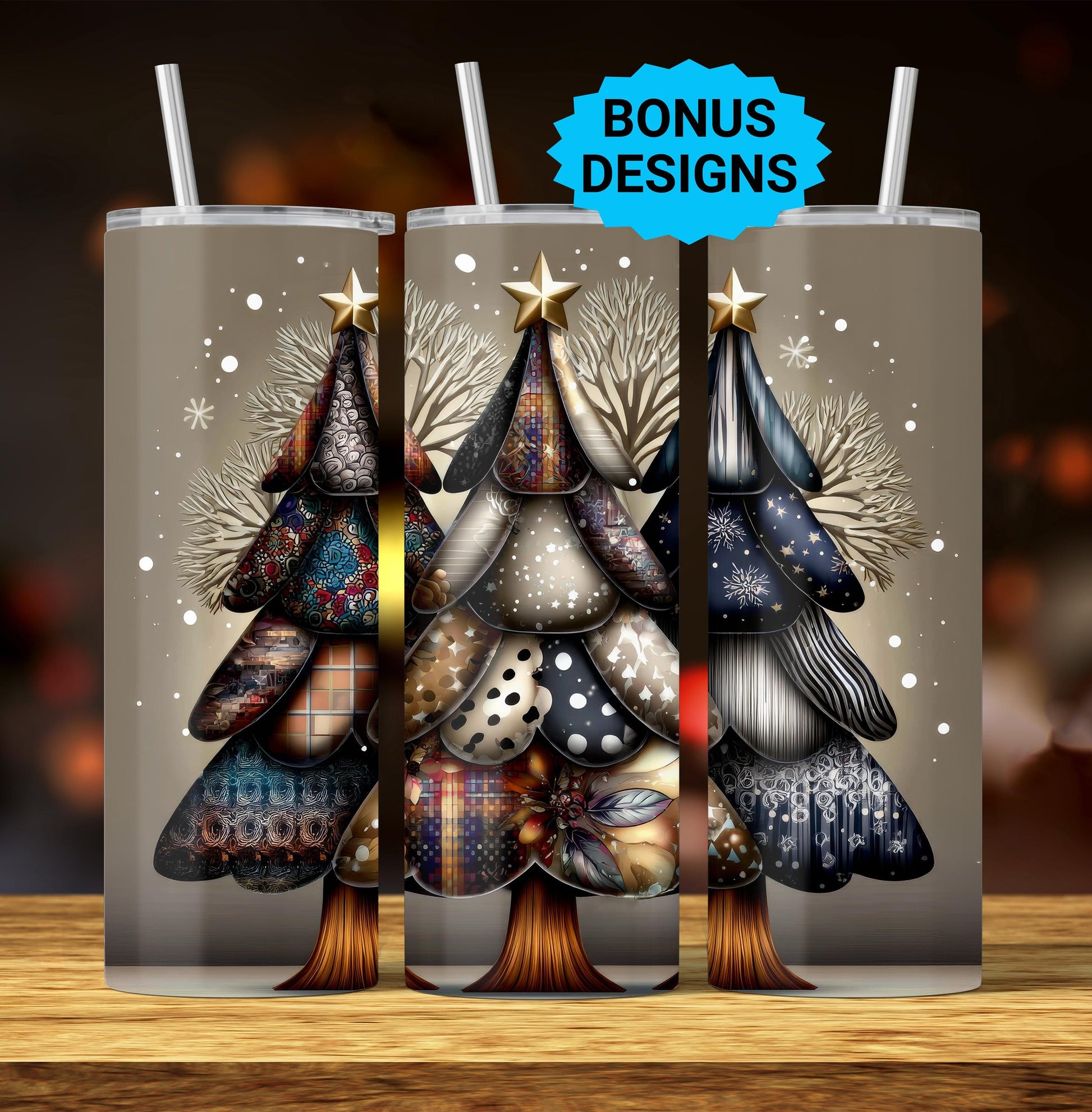 Vintage Patchwork Christmas Trees, 20oz Skinny Tumbler Wrap, Seamless Sublimation Tumbler Design, Digital Download
