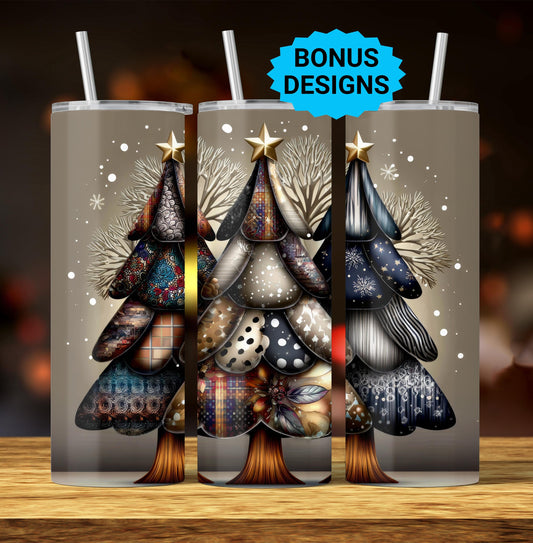 Vintage Patchwork Christmas Trees, 20oz Skinny Tumbler Wrap, Seamless Sublimation Tumbler Design, Digital Download