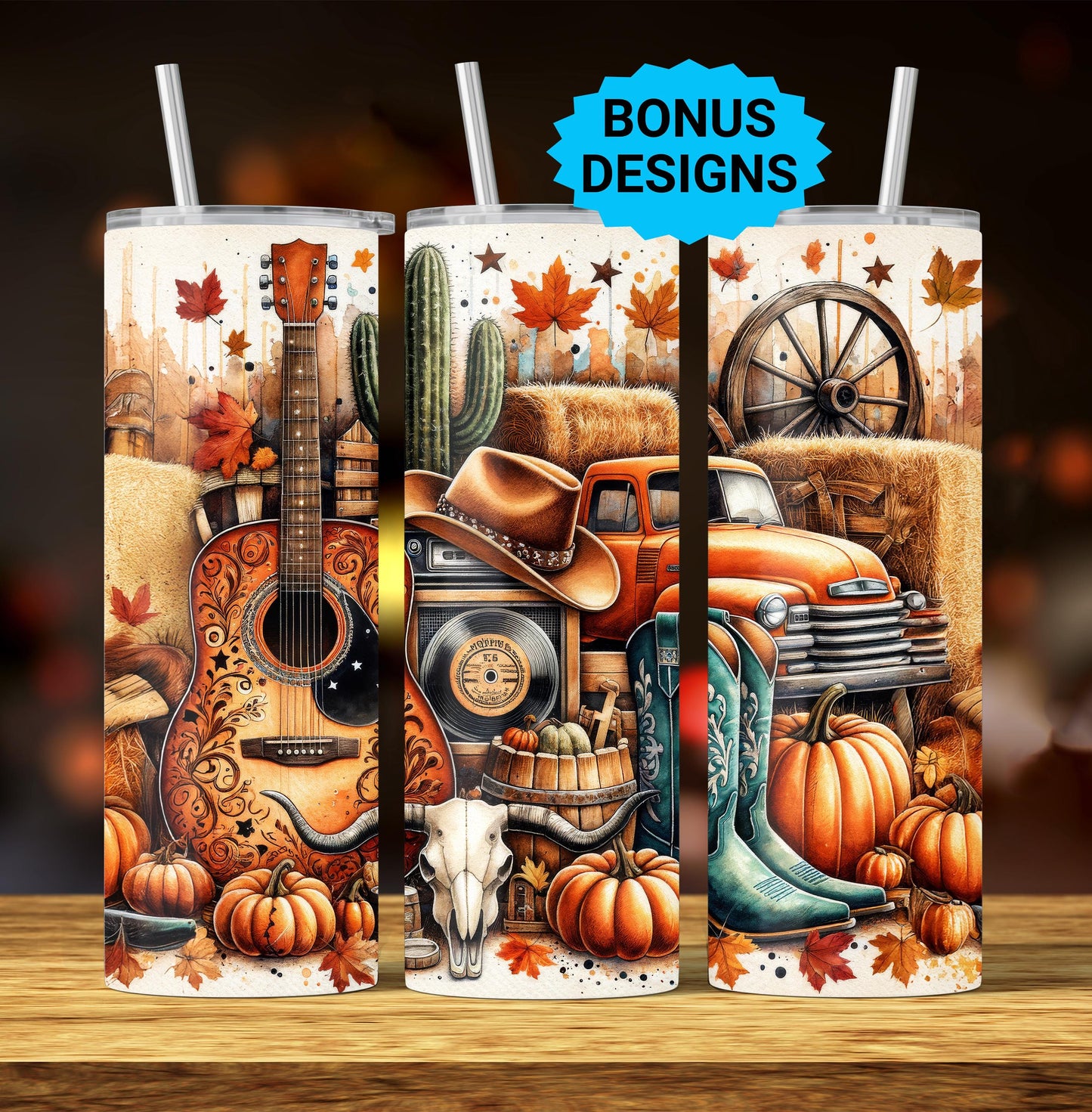 Western Pumpkin Fall Tumbler Wrap PNG, 20oz Skinny Seamless Sublimation Tumbler Design, Rustic Vintage Truck Design, Digital Download