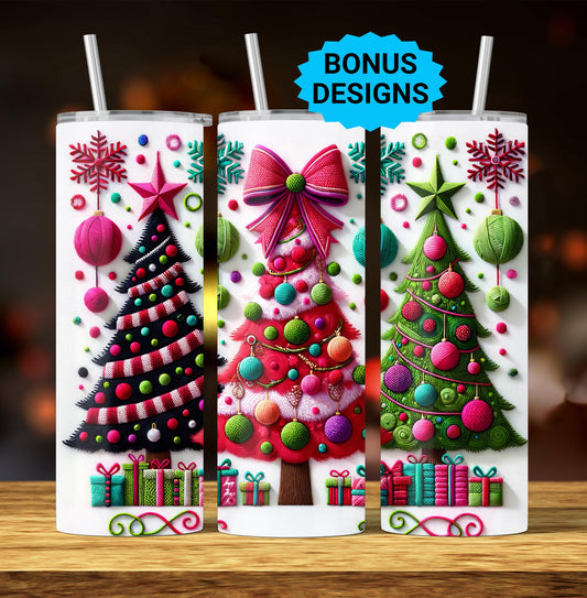Faux Yarn Christmas Trees, 20oz Skinny Tumbler Wrap, Seamless Sublimation Tumbler Design, Digital Download