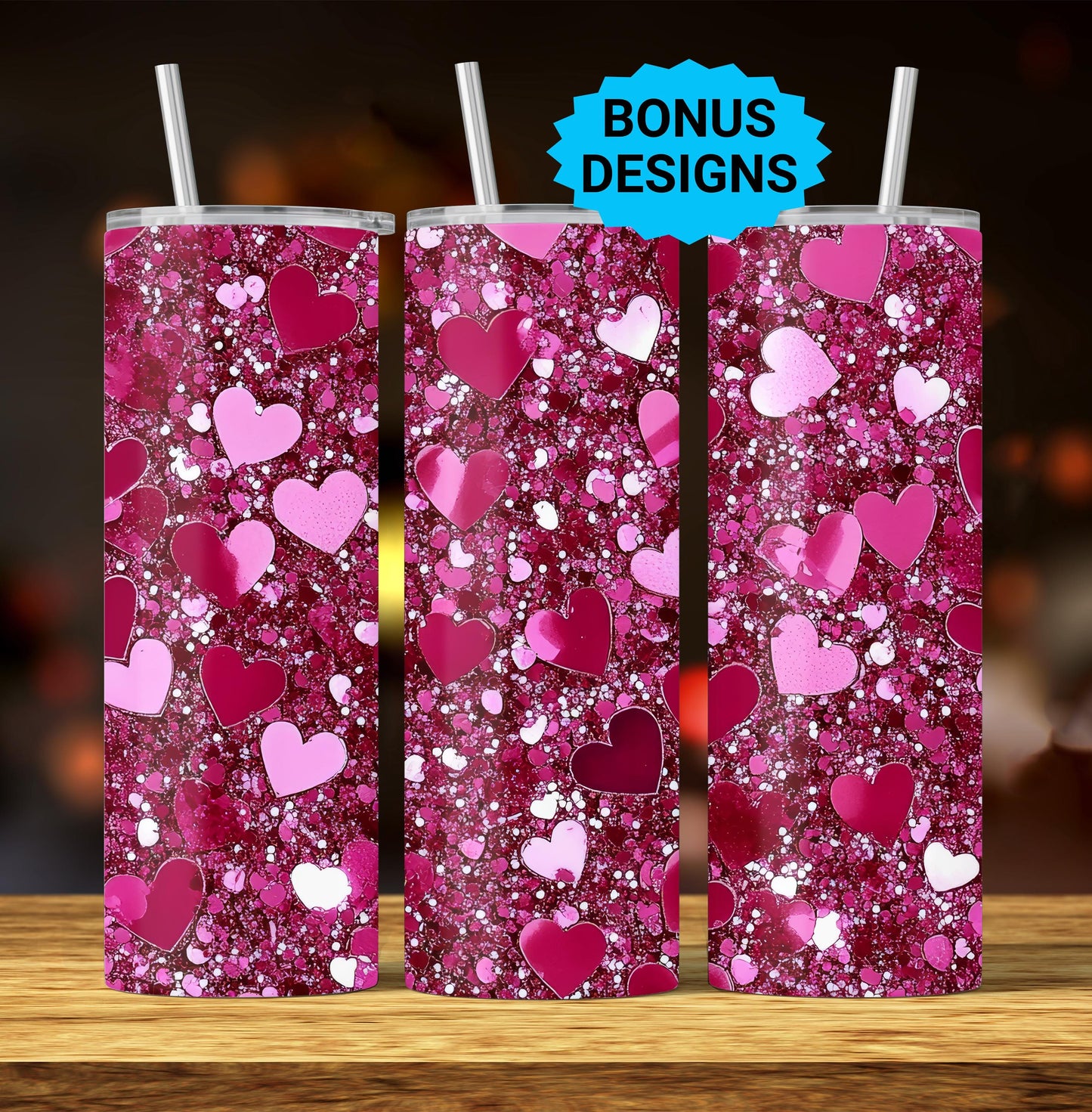Valentines Hearts Hot Pink Glitter Sparkle 20 oz Skinny Tumbler Seamless Sublimation Design Templates,Straight PNG Digital Download