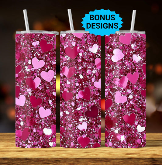 Valentines Hearts Hot Pink Glitter Sparkle 20 oz Skinny Tumbler Seamless Sublimation Design Templates,Straight PNG Digital Download