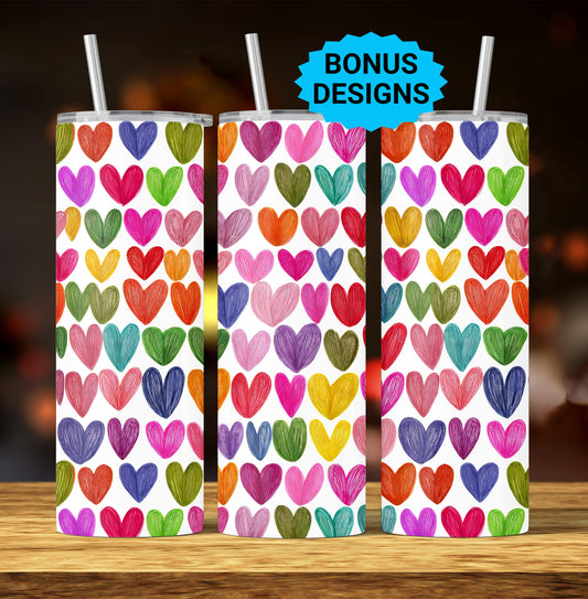 Valentines Hearts Hand Drawn 20 oz Skinny Tumbler Seamless Sublimation Design Templates,Straight PNG Digital Download