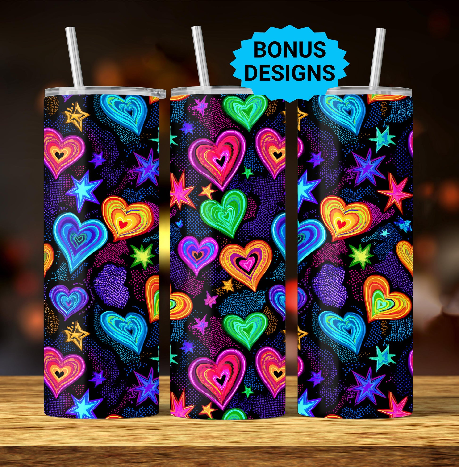 Retro Hearts Hand Drawn 20 oz Skinny Tumbler, 80's Neon Hearts Seamless Sublimation Design Templates,Straight PNG Digital Download