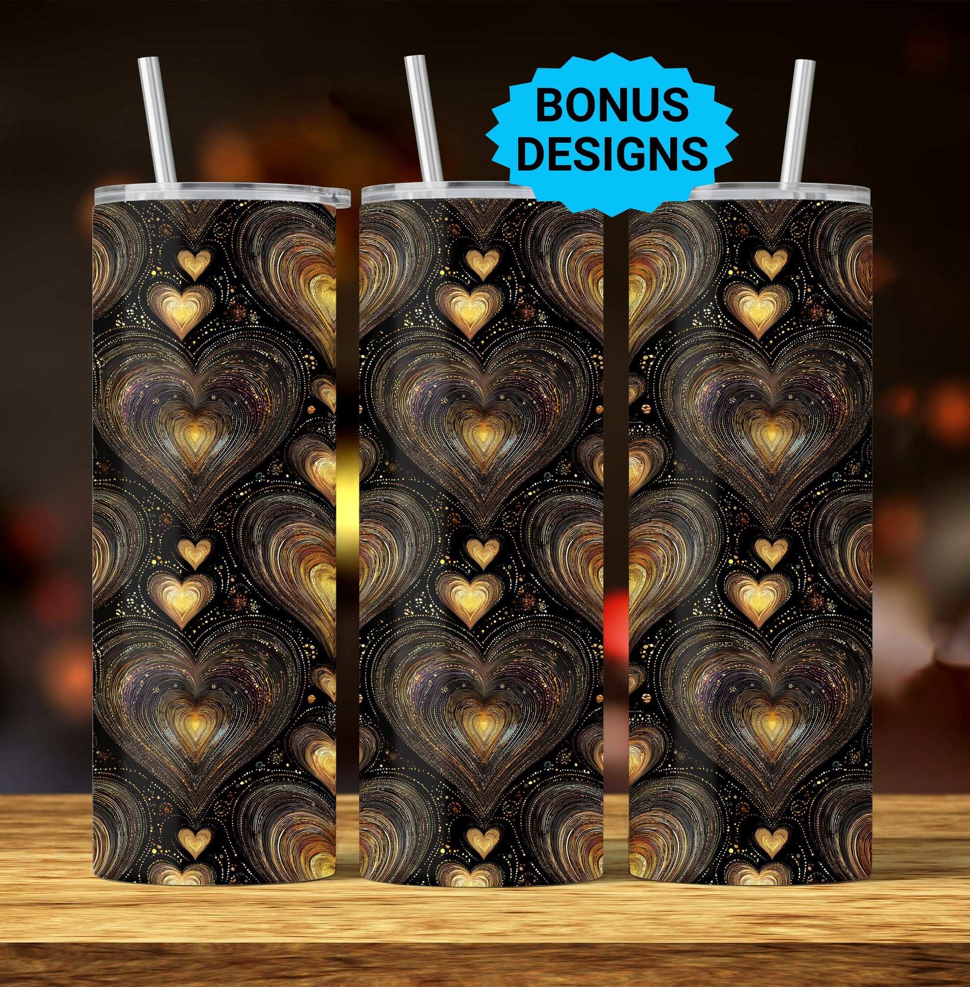 Golden Hearts Sparkling 20oz Skinny Tumbler, 2 Versions Valentines Seamless Sublimation Design Templates, PNG Digital Download