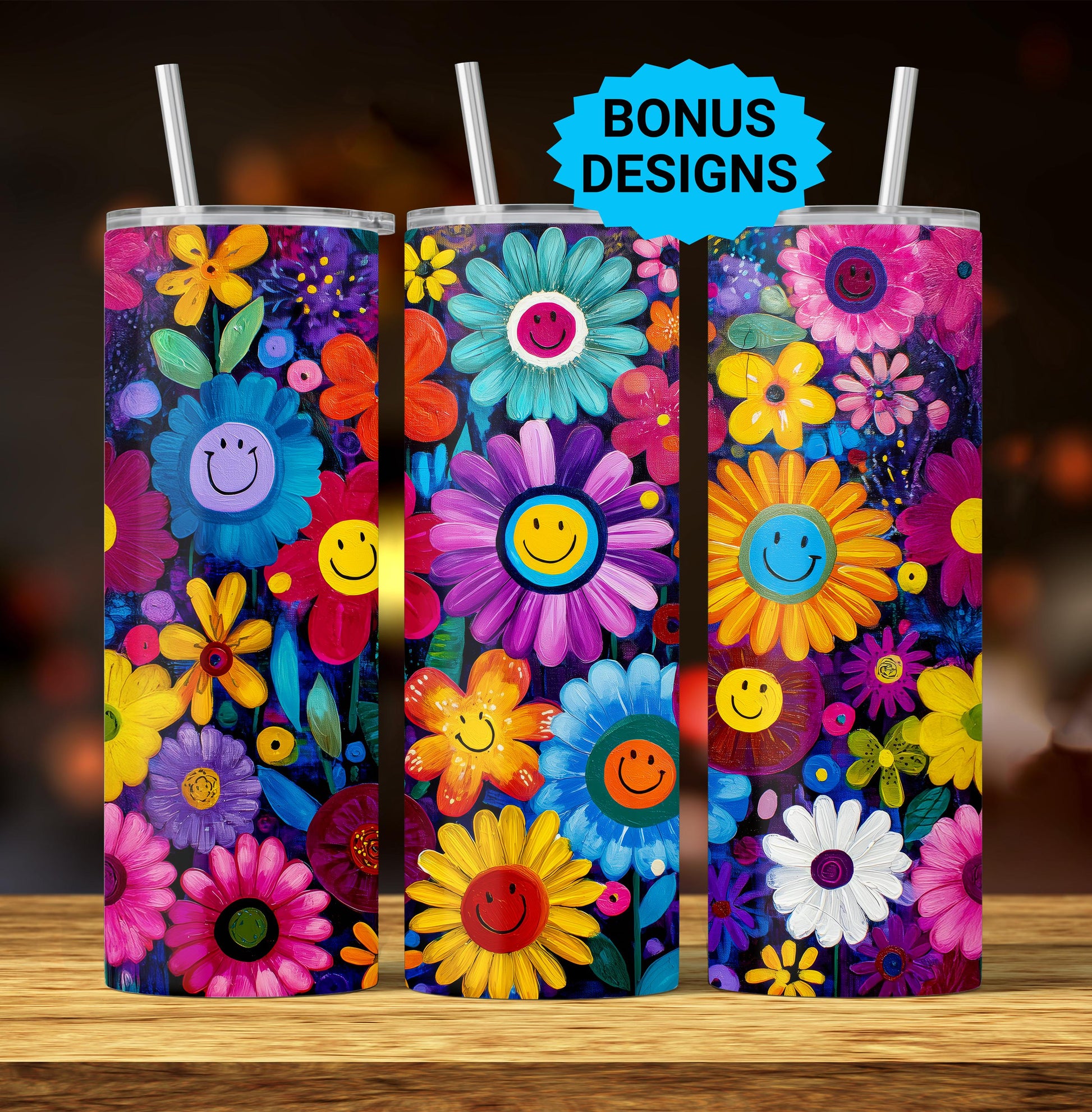 Retro Smiling Daisy Flowers, 20 oz Skinny Tumbler, Spring Flowers Sublimation Seamless Designs