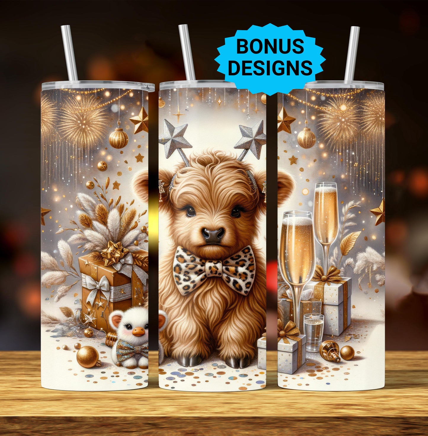 Happy New Year Highland Cow 2026, 20 oz Tumbler Wrap, New Years Eve Seamless Straight PNG Digital Download