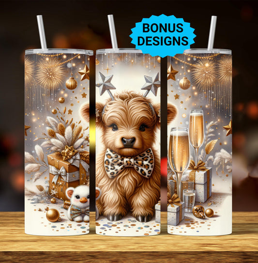 Happy New Year Highland Cow 2026, 20 oz Tumbler Wrap, New Years Eve Seamless Straight PNG Digital Download
