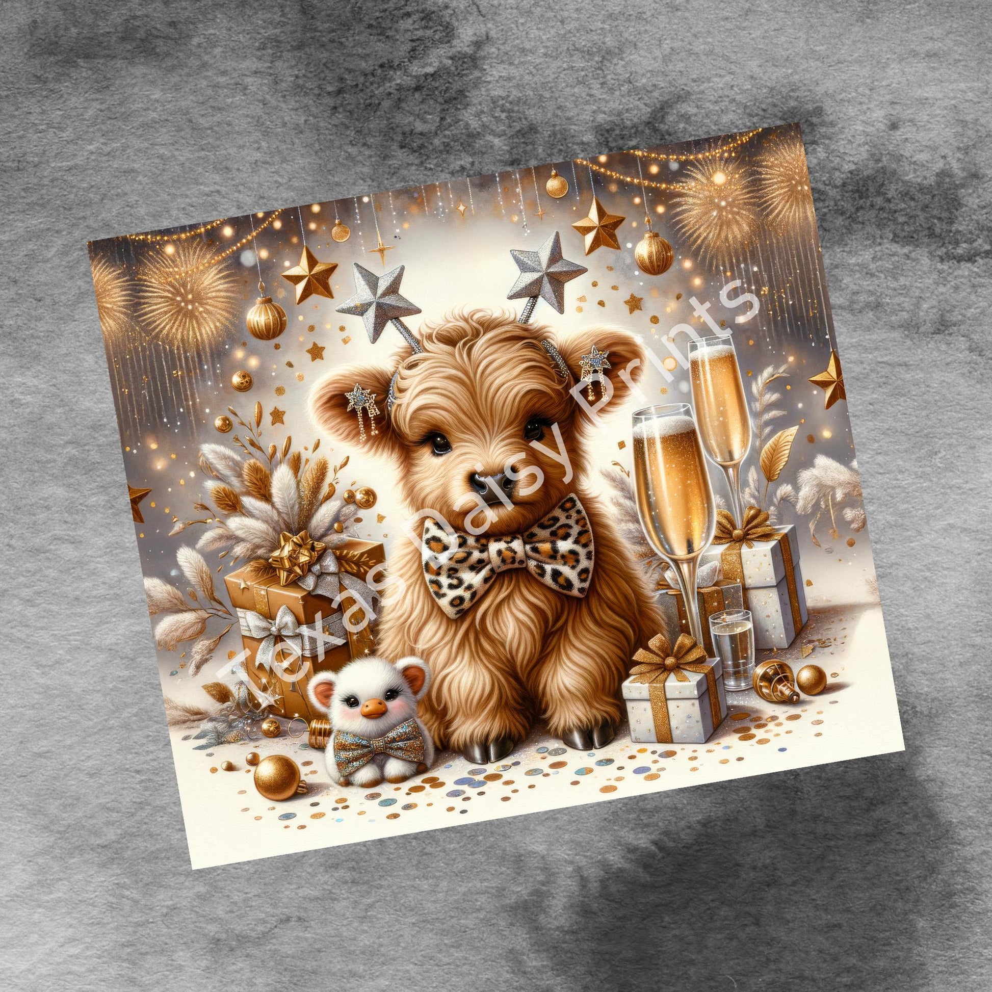 Happy New Year Highland Cow 2026, 20 oz Tumbler Wrap, New Years Eve Seamless Straight PNG Digital Download