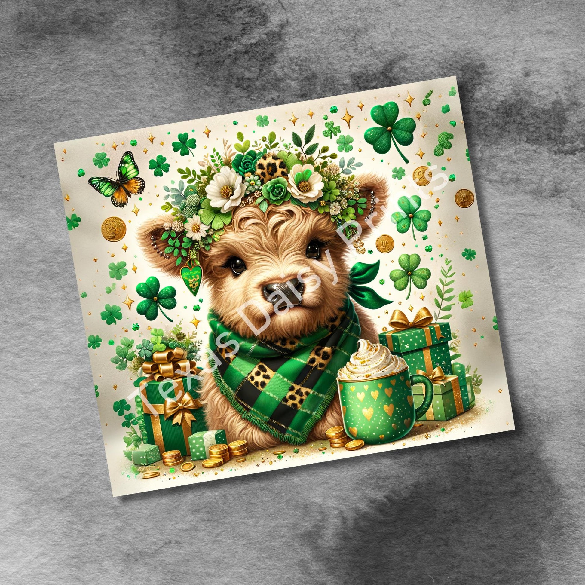 Cute Irish Baby Highland Cow 20oz Tumbler Sublimation Design, St Patricks Day Seamless Straight PNG Digital Download