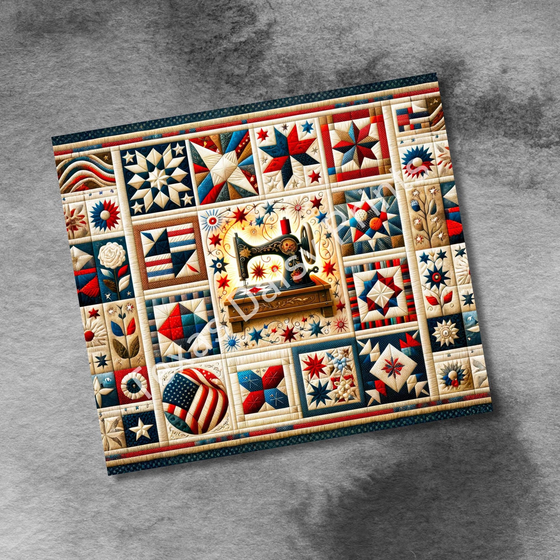 Quilting Sewing American Flag 20oz Skinny Tumbler Forth of July Seamless Sublimation Design Templates, Straight PNG Digital Download