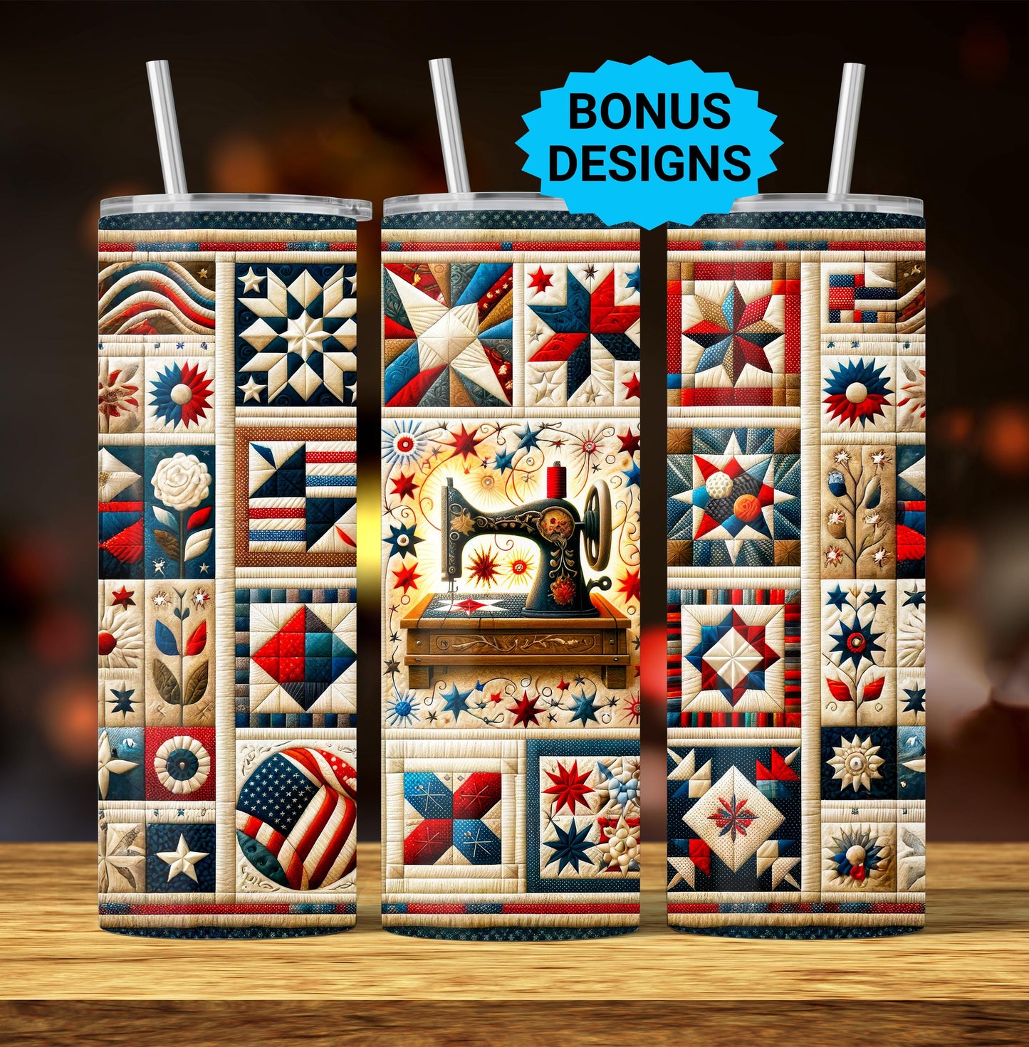 Quilting Sewing American Flag 20oz Skinny Tumbler Forth of July Seamless Sublimation Design Templates, Straight PNG Digital Download