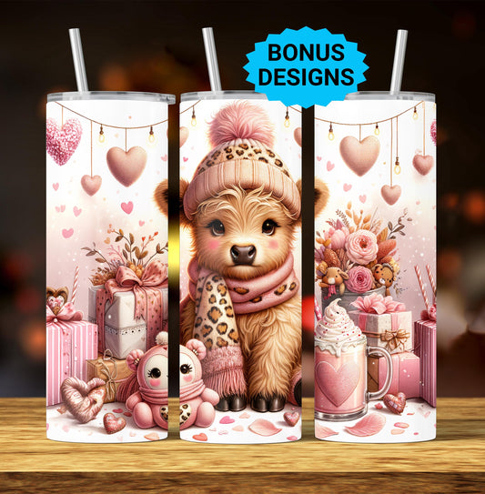 Highland Cow Valentine Tumbler Wrap, 20oz Skinny Sublimastion Design, Cow Love Tumbler Wrap Seamless Straight PNG Digital Download