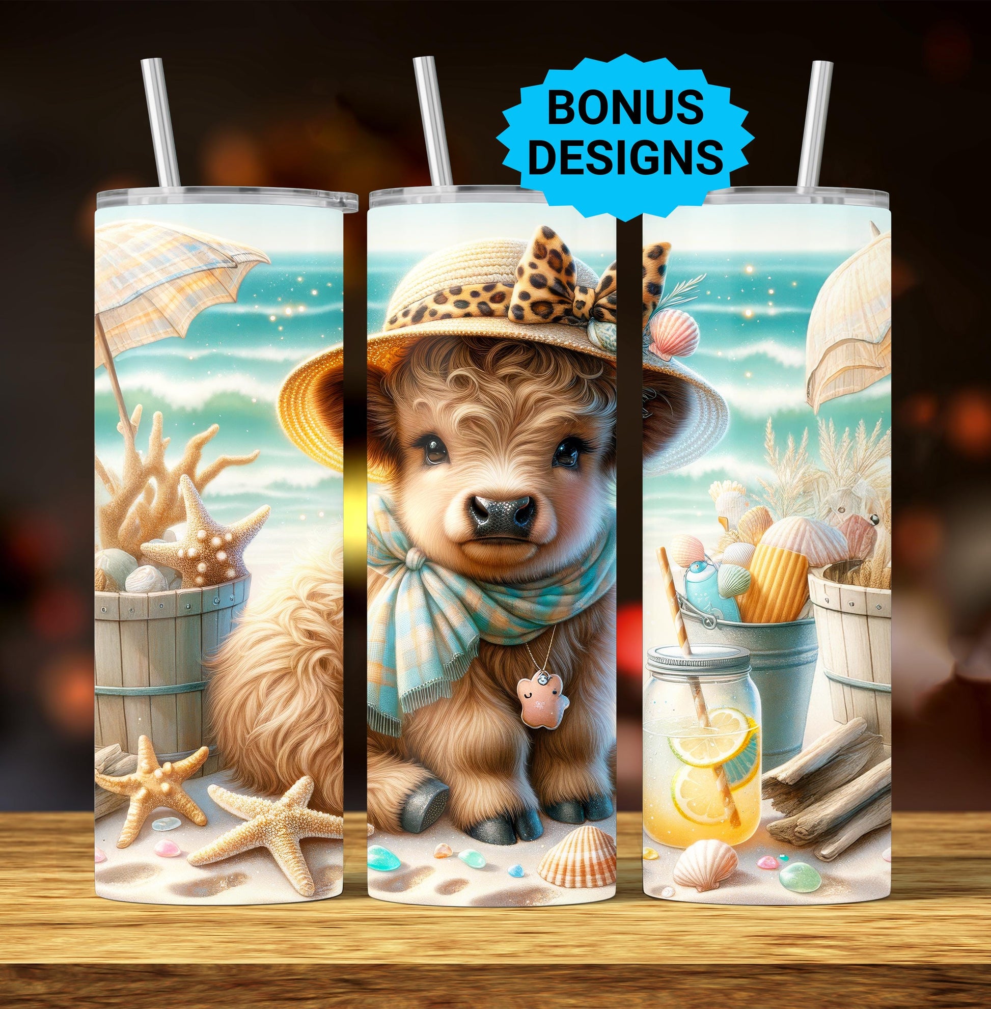 Summer Highland Cow Png, Sublimation Tumbler PNG, 20 Oz Straight Skinny Tumbler, Summer Vibes, Beach Ocean Cow Seamless PNG