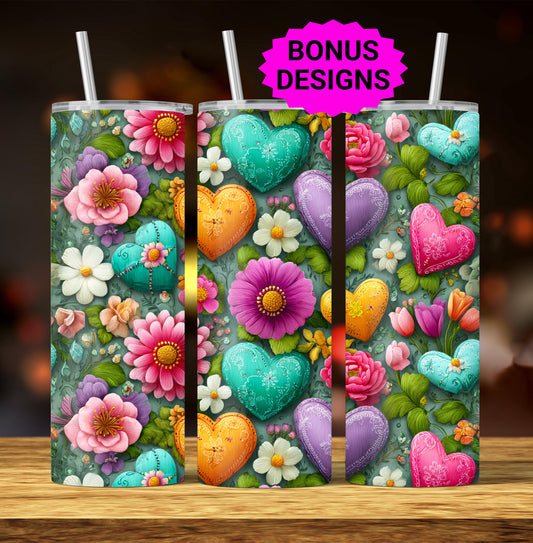 Hearts and Sunflowers, 20oz Skinny Tumbler, Floral Tumbler Seamless Sublimation Design Templates,Straight PNG Digital Download