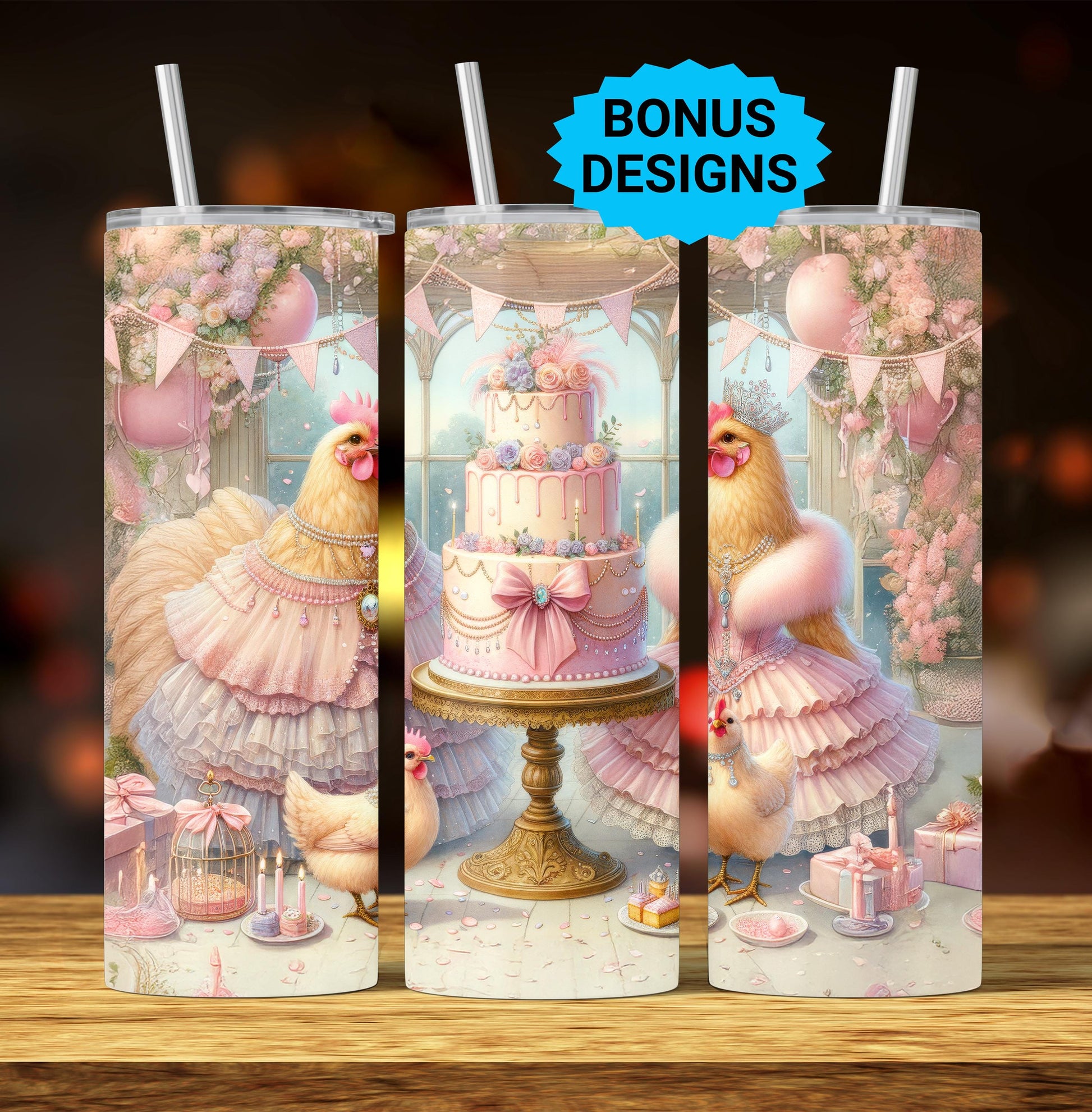 Coquette Chickens Birthday Party, 20oz Skinny Sublimation Tumbler Design, Vintage Birthday, Chicken Lover 20 oz Seamless Tumbler